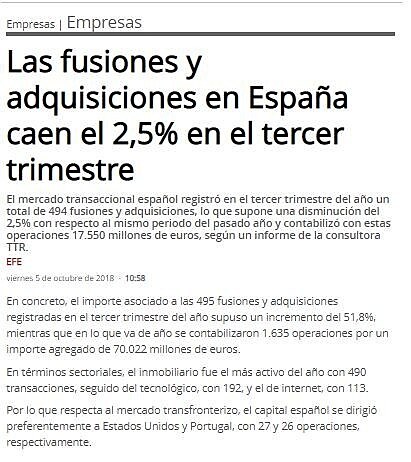 Las fusiones y adquisiciones en Espaa caen el 2,5% en el tercer trimestre